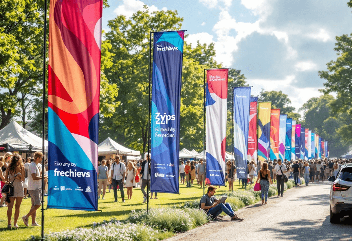 Alignement de kakemonos extérieurs en festival